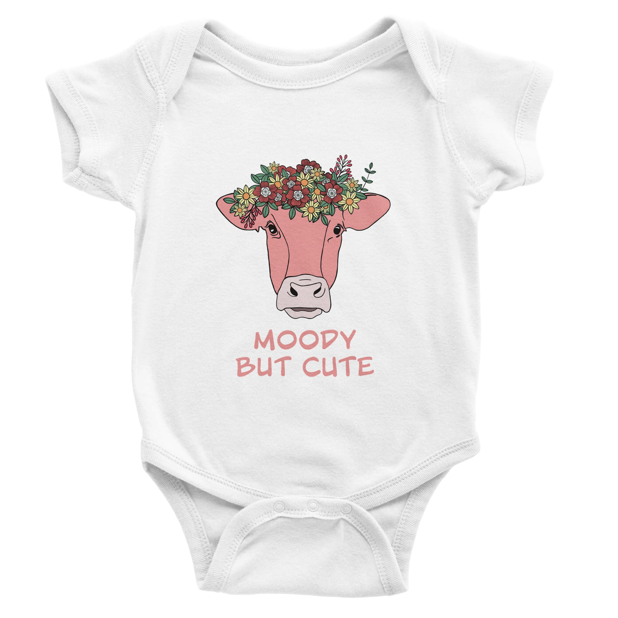 Babybody, hvit med ku - moody but cute trykk 