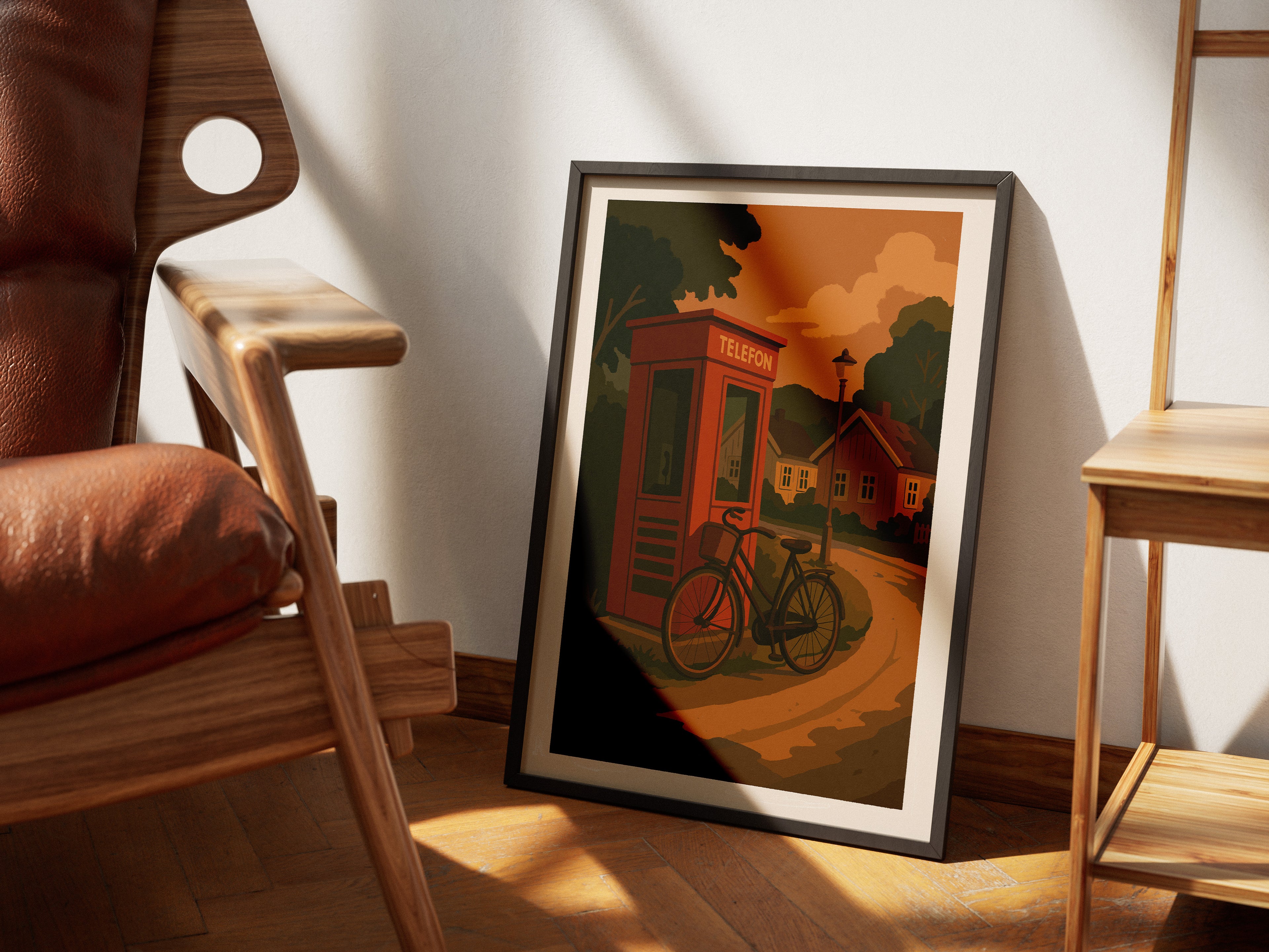 Illustrasjon av rød telefonkiosk i retro skandinavisk stil – kunstplakat